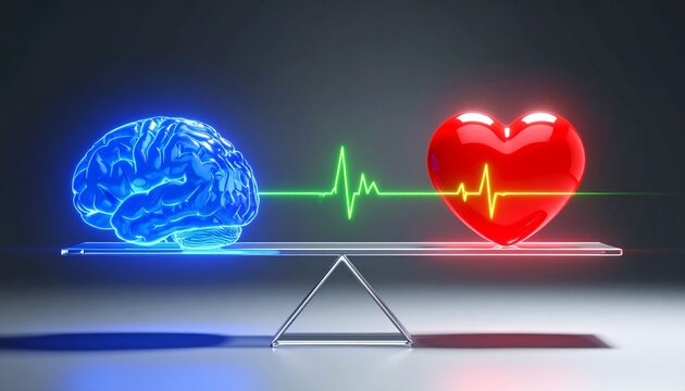 Front View Of Glowing Blue Human Brain And Glowing Red Heart Balanced On A Metal Seesaw Seesaw Beam Connected By A Green Heartbeat EKG Line Against Dark Background
