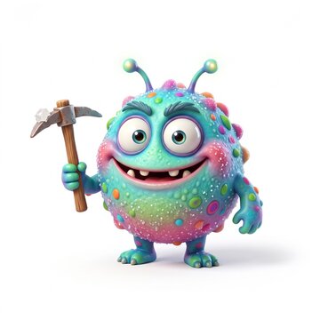 Cute cartoon monster with pickaxe ready for mining adventure in vibrant 3D render