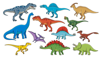 Colorful Dinosaur Vector Vector Character Asset Collection Featuring Tyrannosaurus Rex Triceratops Stegosaurus Brachiosaurus Spinosaurus and Pterodactyl Species for Prehistoric Education Book Graphic  © Saidi