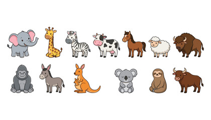 Obraz premium Cute Animal Character Vector Collection Featuring Safari Farm and Woodland Wildlife Including Elephant Giraffe Cow Horse Kangaroo and Koala Bear for Children Education Designs