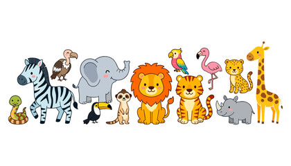 Obraz premium Cute Safari and Jungle Animal Character Collection Featuring Lion Tiger Elephant Giraffe Zebra and Exotic Birds for Children Education Nursery Wall Decor Graphic Designs
