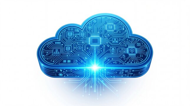 Digital cloud computing icon featuring glowing blue electronic circuit patterns presented as isolated on white background