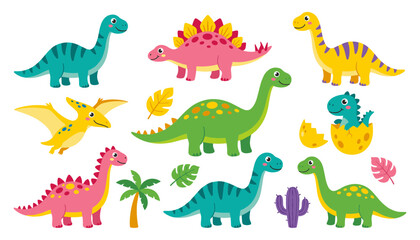 Cute Baby Dinosaur Character Vector Collection with Pterodactyl Stegosaurus Brachiosaurus and Hatching Dino Egg for Nursery Wall Art and Prehistoric Pattern Graphic Designs © Saidi