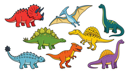 Prehistoric Animal Vector Collection with Cute Cartoon Dinosaurs and Flying Pterodactyl Species for Nursery Room Decor School Education and Children Textbook Graphic Designs © Saidi