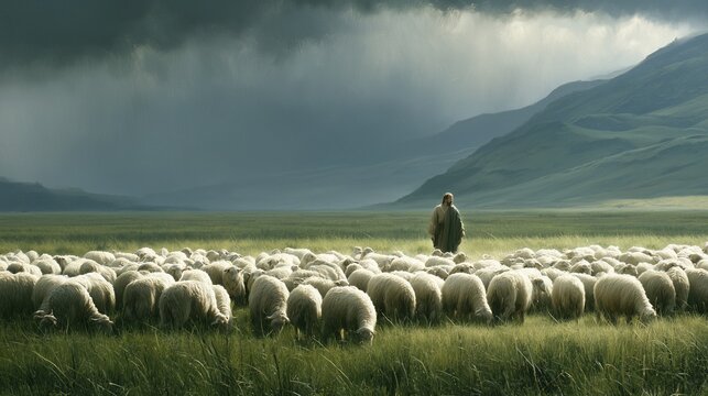 Shepherd guiding a flock of sheep across green fields with mountains and clouds in the background
