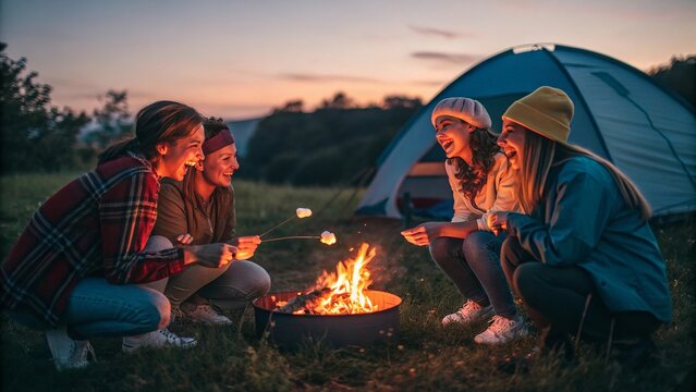 A small group of friends gather around a campfire at night, roasting marshmallows and laughing together during a fun camping trip in the great outdoors.