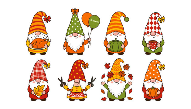 Cute Thanksgiving and Autumn Gnome Cartoon Character Set with Little Garden Dwarfs Holding Pumpkin Turkey Roasted Bird and Falling Fall Leaves