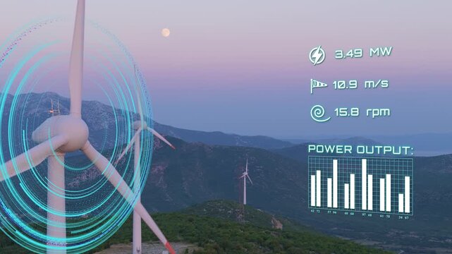 Aerial of of a mountain wind farm at sunset featuring advanced holographic animation UI graphics overlay. Smart grid technology monitoring sustainable wind energy generation and performance