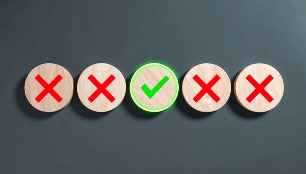 Right Choice Concept Glowing Green Checkmark Circle Among Red Cross Wooden Blocks for Decision Making