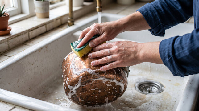 Hands scrubbing a copper pot with a sponge in a farmhouse sink close up with suds