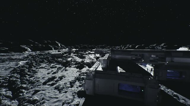 moon base modules under starry sky, reflective habitats perched on jagged regolith with soft interior glow, deep black cosmos overhead and textured cratered