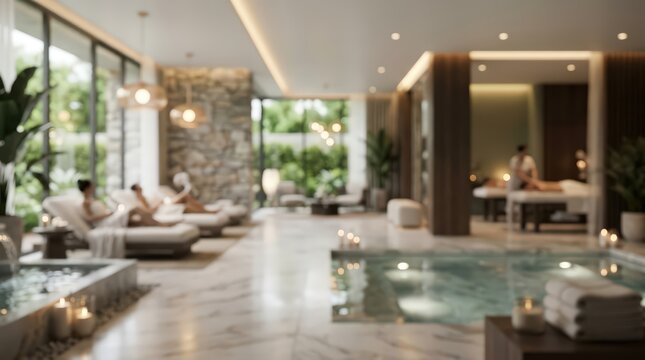luxury wellness spa resort interior with indoor pool, marble floors, lounge chairs, and warm lighting.