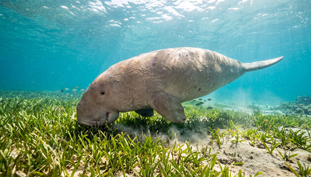 Dugong underwater photography of Dugon dugon feeding on seagrass bed for marine conservation banner, oceanology educational poster, and environmental ecosystem article.
