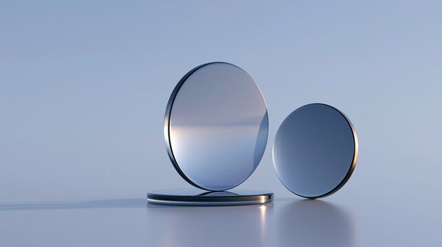 Minimalist abstract 3d composition of two different sized transparent glass discs on plain light blue background shows modern clean geometric design concept