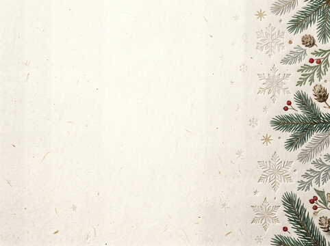 Christmas holiday background with pine branches and snowflakes on textured paper