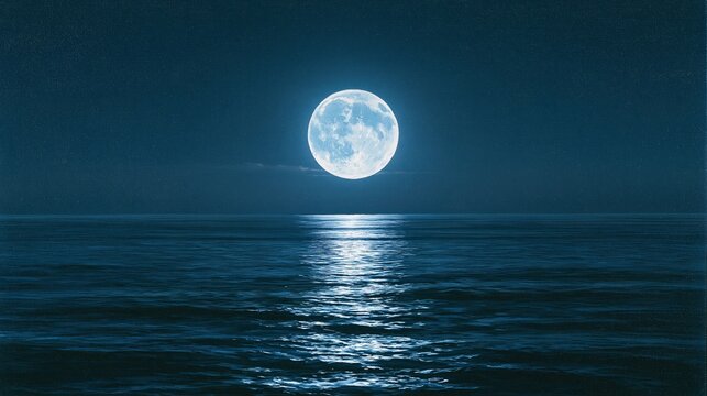 Full bright moon rising over calm dark blue ocean with soft moonlight reflection on gentle water surface creates magical peaceful hand painted night seascape