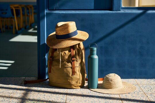 Schulrucksack mit Sonnenh&uuml;ten und Trinkflasche f&uuml;r den Schulstart im Sommer