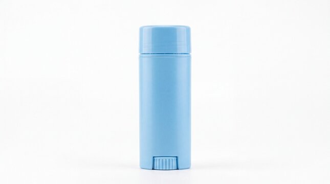 Light blue lip balm stick packaging for personal care products isolated on white background