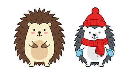 Fototapeta premium Cute Hedgehog Cartoon Character Set Featuring Classic Spiky Wild Animal and Winter Hedgehog Wearing Red Knit Hat Scarf and Blue Mittens Vector Illustration