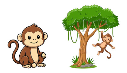 Cute Monkey Cartoon Character Set Featuring Little Jungle Animal Sitting and Swinging on Liana Vine under Green Tree Canopy for Children Graphic Designs
