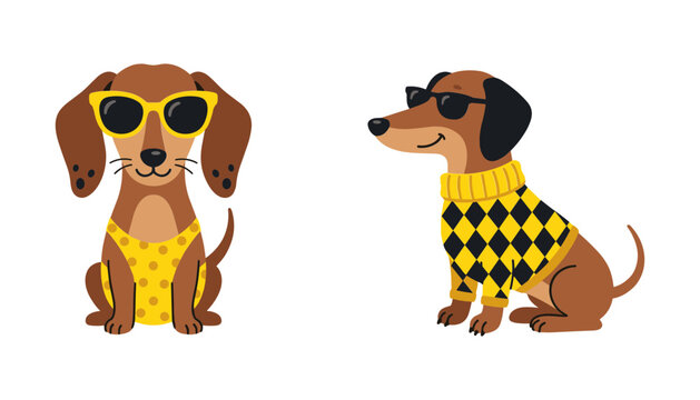 Cute Dachshund Puppy Cartoon Character Set Featuring Brown Weiner Dogs Wearing Yellow Sunglasses and Plaid Sweater for Trendy Pet Graphic Designs