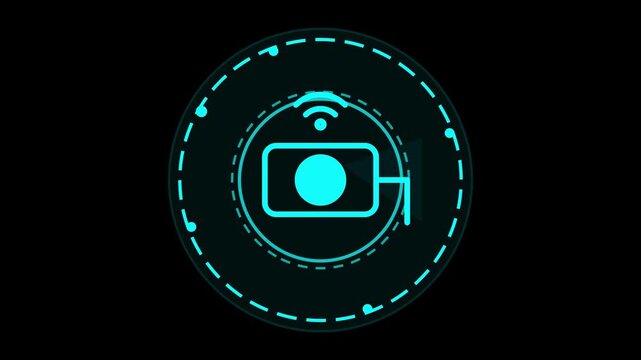 Futuristic Neon Security Camera Icon with Wi-Fi Signal for Smart Home Surveillance and Digital Monitoring System in High Tech Style