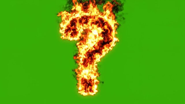 Fiery burning question mark symbol on vibrant green background with dynamic flames
