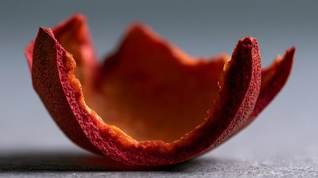 A close up of dried pomegranate peel showing textured surface and warm red orange tones against a muted gray background