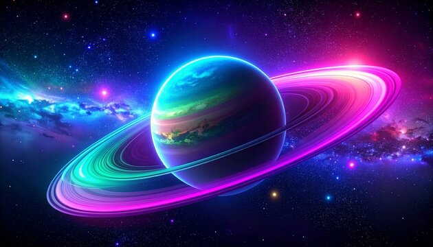 A stunning visual representation of a planet surrounded by colorful rings in the vastness of space, showcasing cosmic beauty. space