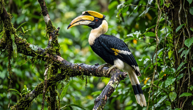 Great hornbill in tropical rainforest photography of large exotic bird perched on mossy branch for wildlife conservation advertising, ecotourism website banner, and endangered species editorial