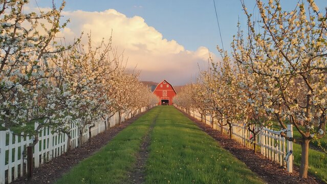 Orchard lane leading to red barn in spring