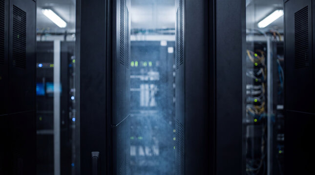 Long view down a dark, misty aisle between towering server racks in a large, modern data center facility.