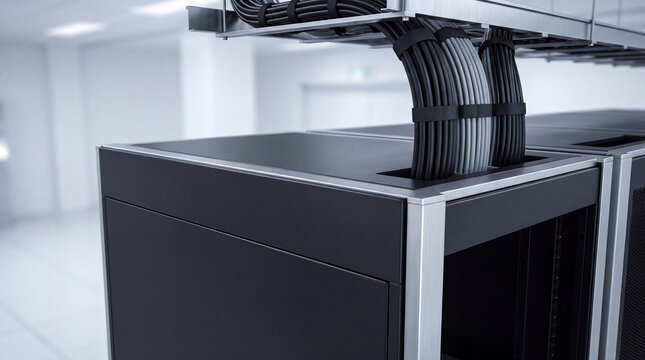 Overhead view of meticulously organized network cables descending from a cable tray into modern server racks.