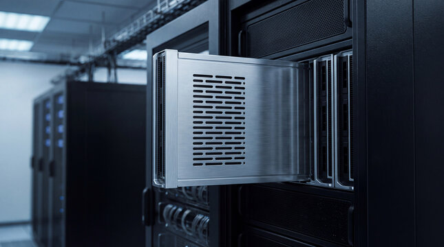 Modern server blade partially pulled out from a dark rack in a professional data center.