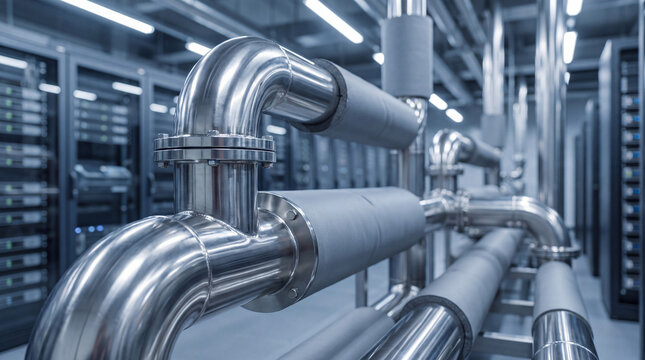 Network of clean, shiny metallic pipes with various connections and insulation in a modern data center environment.