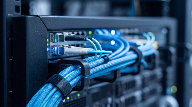 Detailed close-up of blue network cables securely plugged into ports on an active server rack with blinking lights.