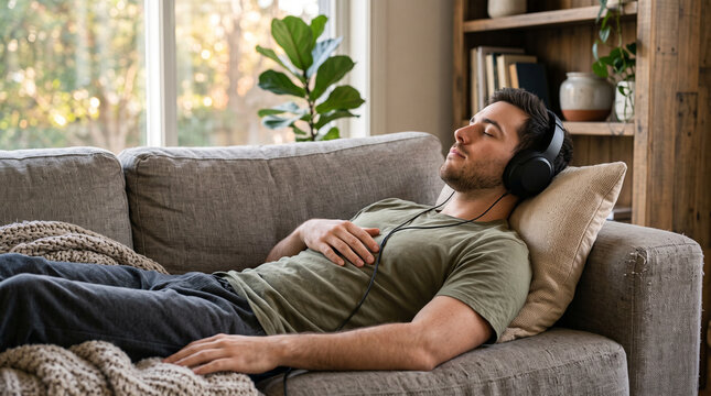 Man lying on a sofa with headphones and closed eyes relaxing in afternoon light