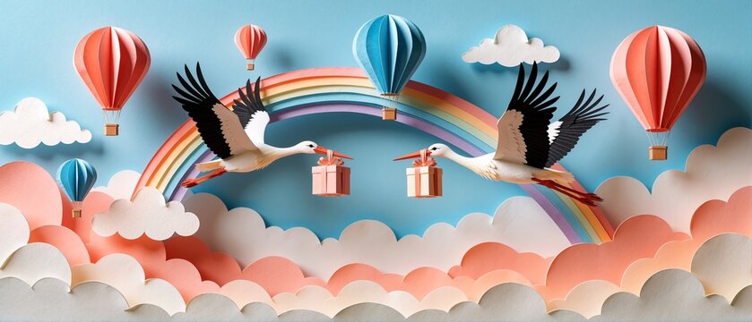 Paper Cut Art Animation of Storks Carrying Gift Boxes Under a Colorful Rainbow