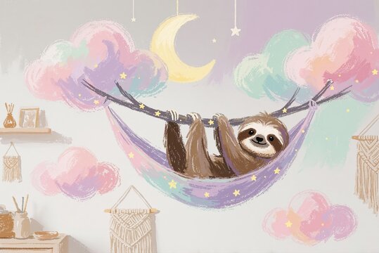 Cute Cartoon Sloth Sleeping in a Colorful Hammock Under a Crescent Moon and Stars