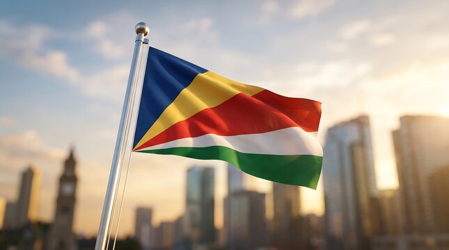 Seychelles national flag waving on flagpole against a blurred modern city skyline at golden hour