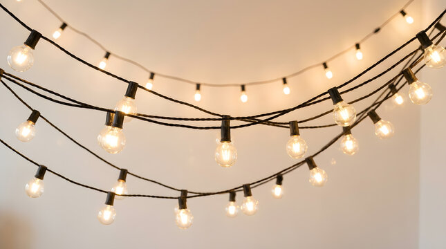 Warm glowing string lights with clear bulbs draped decoratively across a light ceiling, creating a cozy ambiance.