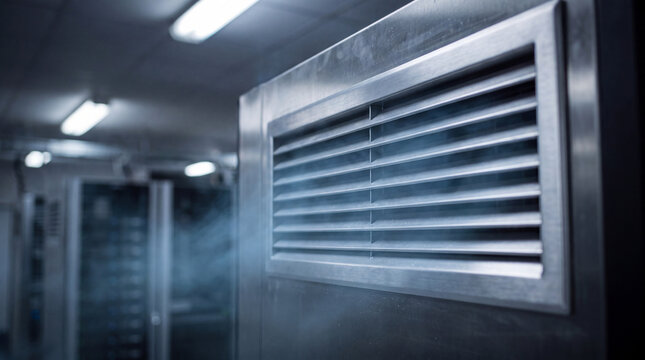 Metallic ventilation grille on a server cabinet providing essential airflow for cooling in a secure data center.