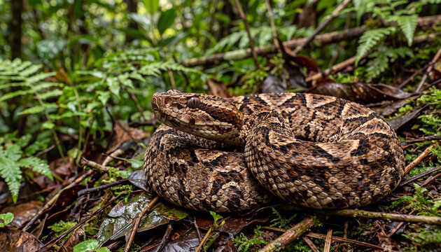 Russell&rsquo;s viper in forest floor photography of venomous snake coiled on dry leaves for wildlife safety advertising, medical educational website banner, and dangerous reptile species editorial