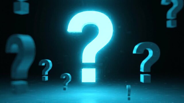Glowing blue question mark icon with floating symbols in dark studio lighting