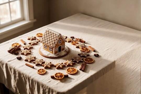 Traditional Gingerbread House Surrounded by Cinnamon Sticks and Dried Orange Slices on Table