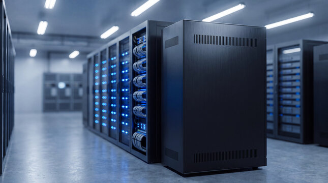 Expansive view of a modern data center aisle filled with rows of black server racks and blue lights.