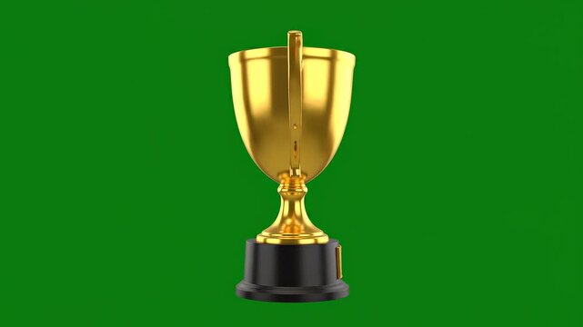 Shiny golden trophy cup with handles on green background, symbol of victory and achievement