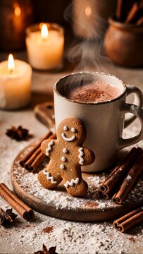 Cozy Winter Still Life with Steaming Hot Chocolate and Gingerbread Man Cookie