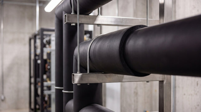 Detailed close-up photograph of robust black insulated pipes securely supported by sturdy metal brackets in a modern.