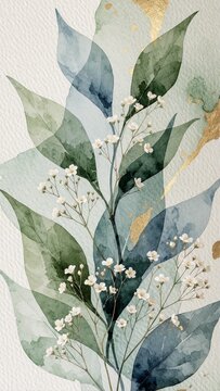 Abstract Watercolor Botanical Illustration with Green Leaves and Small White Flowers on Textured Paper
